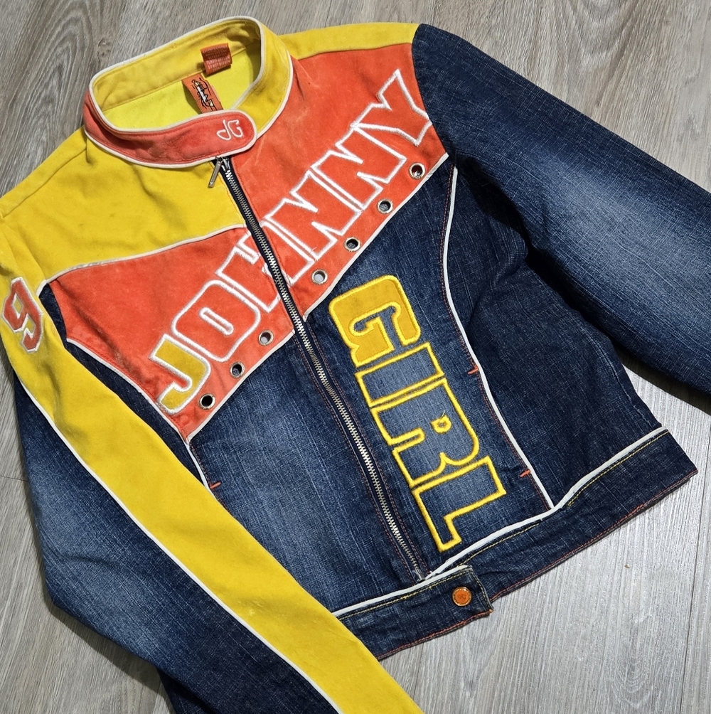 SOLD Johnny GIRL Denim jacket, Orange And Yellow size medium